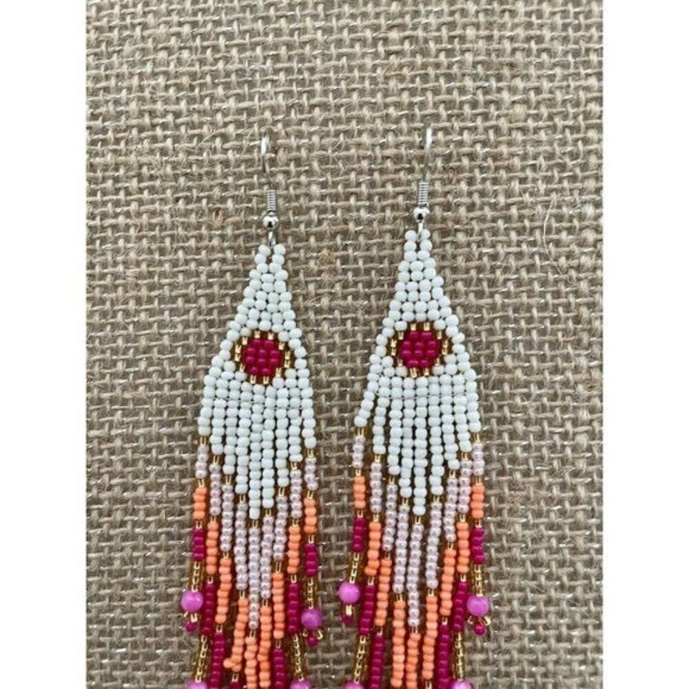 Handmade Miyuki Seed Bead Fringe Dangling Earrings Cactus Flower NWT - Picture 5 of 9